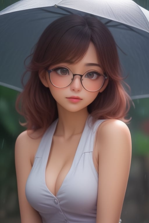 a cartoon picture of a woman with glasses on her head and a shirt on her chest, Ayako Rokkaku, anime girl, a poster, remodernism,1girl, basketball, blush, breasts, cleavage, english text, glasses, hair tucking, happy birthday, large breasts, long hair, oil-paper umbrella, open mouth, rain, shared umbrella, solo, sweat, umbrella,<lora:659095807385103906:1.0>