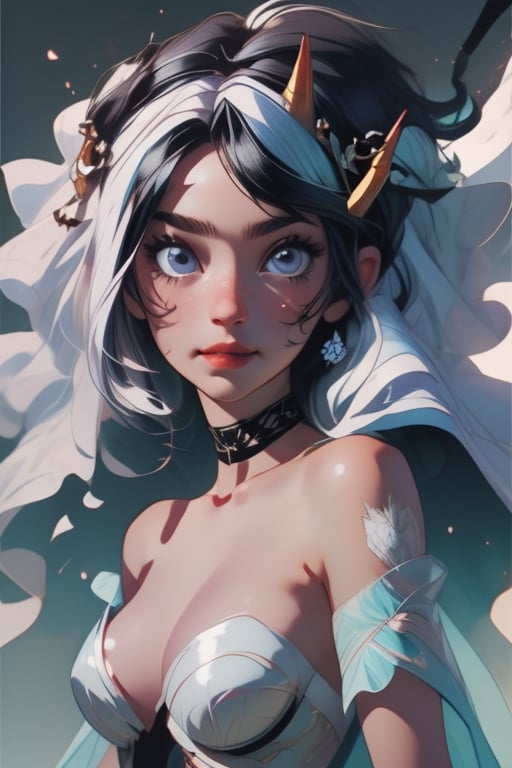 a woman with blue eyes and a veil on her head is wearing a white dress and a veil over her head, Ayako Rokkaku, official art, concept art, remodernism, 1girl, bare shoulders, black hair, blue eyes, blush, breasts, choker, cleavage, closed mouth, collarbone, dress, eyebrows visible through hair, horns, large breasts, looking at viewer, short hair, simple background, single horn, smile, solo, strapless, upper body, veil, wedding dress, white background, white dress,High detailed ,<lora:659111690174031528:1.0>