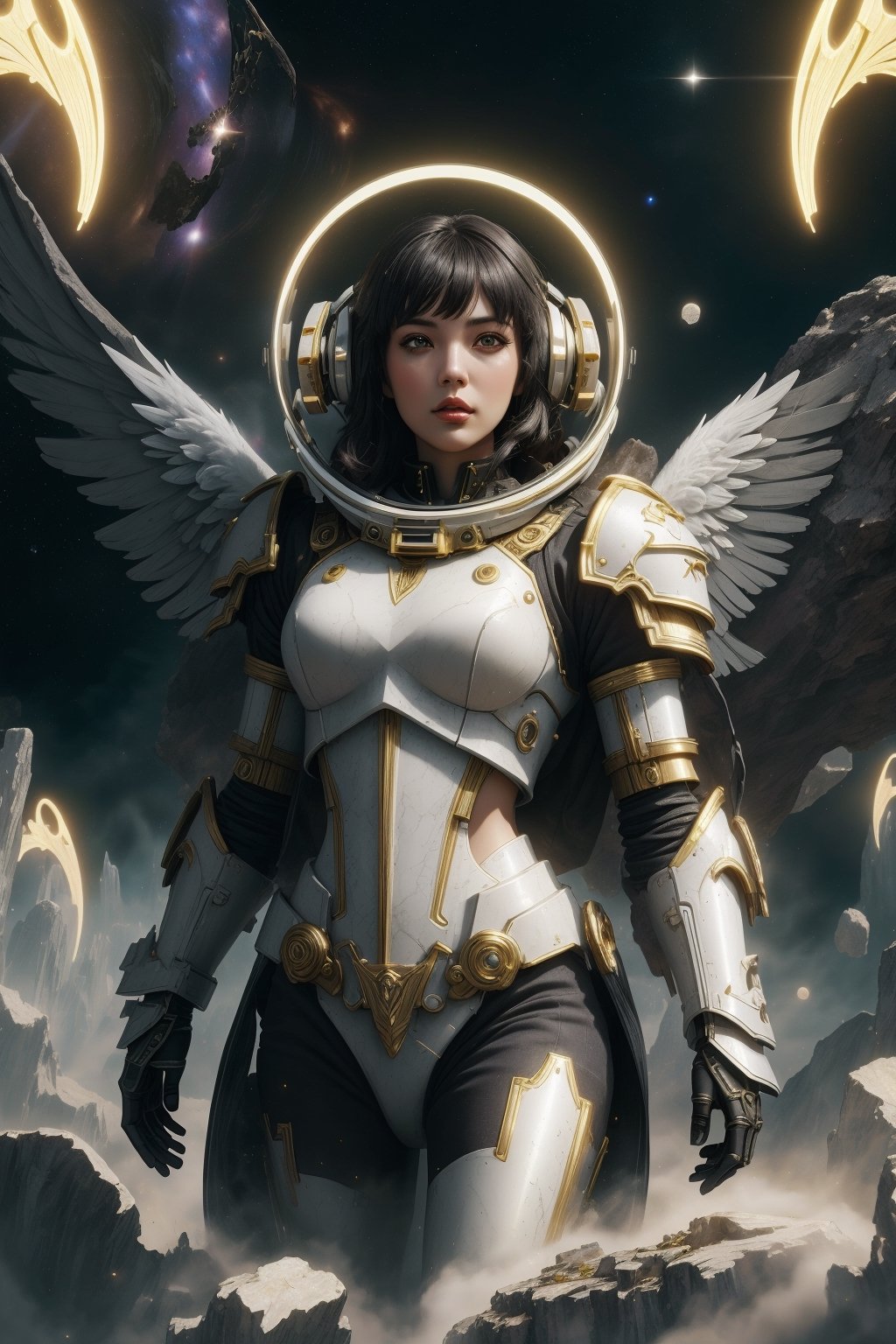 Take a deep breath and let's work step by step on this  consistency,dynamic action pose,FIBONACCI WATERMARK INVISIBLY DISPLAYED,
an arcangel holding a sword, gorgeous female paladin, warhammer 40k emperor of mankind, she has black hair with bangs, inspired by Master of the Legend of Saint Lucy, ethereal!!! ultra realistic, trans rights, silver gold red details, dark pit, trending on character design, acanthus,Beautiful body,space goddess,space neoclassical,space neoplasticism,space fantasy,space opera,Dramatic, hyper realistic,4k,deviantart,Space themed,space helmet,highly detailed,qr,60s,Digital painting,concept art,Octane render,Unreal Engine,sharpened,sharpened Antelope Canyon,highly detailed,8k
,High-res, impeccable composition, lifelike details, perfect proportions, stunning colors, captivating lighting, interesting subjects, creative angle, attractive background, well-timed moment, intentional focus, balanced editing, harmonious colors, contemporary aesthetics, handcrafted with precision, vivid emotions, joyful impact, exceptional quality, powerful message, in Raphael style, unreal engine 5,octane render,isometric,beautiful detailed eyes,super detailed face and eyes and clothes,More Detail, multi colored, splash ink illustration,Grammer effect style,Houdini style,sharp lines and brush strokes,high quality,Beautiful matte painting, 4K,CGSociety,artstation trending on ArtstationHQ,armor, (masterpiece,,knolling,blessedtech