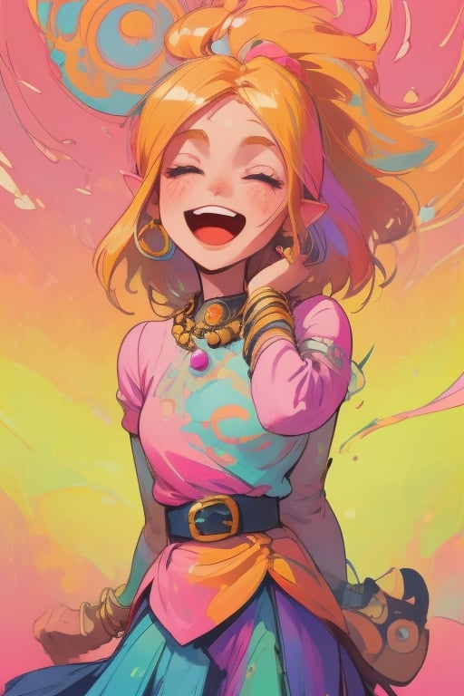 a cartoon of a woman with a pink shirt and blue skirt and a pink background with a pink circle, Aya Goda, hints of yayoi kasuma, a manga drawing, arabesque,1girl, :d, bangle, beads, belt, blonde hair, bracelet, closed eyes, hair ribbon, jewelry, long hair, necklace, open mouth, pink background, pointy ears, princess zelda, sidelocks, simple background, smile, solo,High detailed ,(best quality,<lora:659111690174031528:1.0>