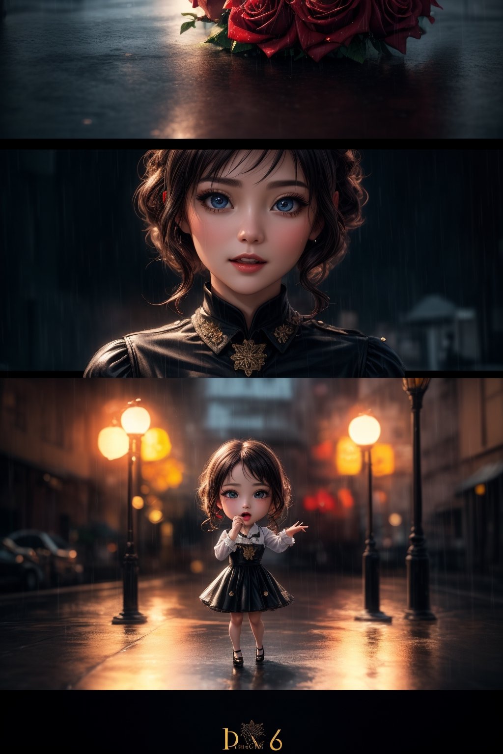 Take a deep breath and let's work step by step on this problem.expert consistency,dynamic action pose,FIBONACCI WATERMARK INVISIBLY DISPLAYED,Envision a chibi diorama in Unreal Engine 5 that captures the magic and charm of "Singin' in the Rain". The main characters, such as Don and Kathy, are depicted in an elegant and detailed pose, with charming details in their expressions and gestures. The background depicts a Hollywood street in the rain, adorned with colorful roses that add a touch of romance and freshness to the scene. Captivating lighting accentuates the joy and optimism of the movie.., High-res, impeccable composition, lifelike details, perfect proportions, stunning colors, captivating lighting, interesting subjects, creative angle, attractive background, well-timed moment, intentional focus, balanced editing, harmonious colors, contemporary aesthetics, handcrafted with precision, vivid emotions, joyful impact, exceptional quality, powerful message, in Raphael style, unreal engine 5,octane render,isometric,beautiful detailed eyes,super detailed face and eyes and clothes,More Detail,Rouge,masterpiece,best quality,highres,more detail XL