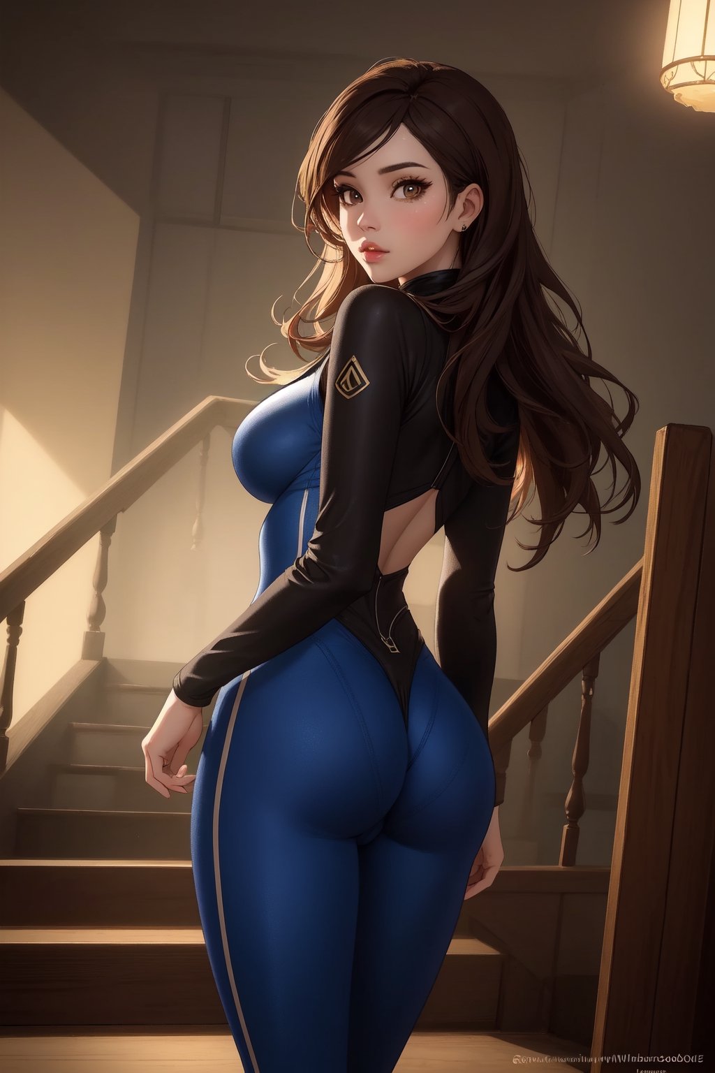 Take a deep breath and let's work step by step on this problem.expert consistency,dynamic action pose,FIBONACCI WATERMARK INVISIBLY DISPLAYED,a woman in a blue bodysuit posing for the camera, wooden stairs, belle delphine, oversized_hindquarters, urban house, big cheeks, perfect proportions fine - face, vale encantado, long sleeve, godsent, 1 6 : 9 ratio, in full growth from the back, uncropped, lane brown,1girl, brown eyes, brown hair, lips, long hair, looking at viewer, looking back, railing, solo, standing,High-res, impeccable composition, lifelike details, perfect proportions, stunning colors, captivating lighting, interesting subjects, creative angle, attractive background, well-timed moment, intentional focus, balanced editing, harmonious colors, contemporary aesthetics, handcrafted with precision, vivid emotions, joyful impact, exceptional quality, powerful message, in Raphael style, unreal engine 5,octane render,isometric,beautiful detailed eyes,super detailed face and eyes and clothes,More Detail,masterpiece,best quality