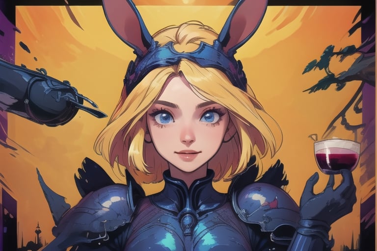 1girl, alcohol, animal ears, armor, armored boots, blonde hair, blue eyes, breastplate, cup, food, gauntlets, greaves, helmet, knight, mug, plate, rabbit ears, rabbit tail, shoulder armor, smile, solo, sword, tail, weapon,a woman dressed in a knight outfit holding a tray of wine and a knife and fork in her hand, Alice Prin, bravely default inspired, a character portrait, fantasy art,High detailed ,<lora:659111690174031528:1.0>