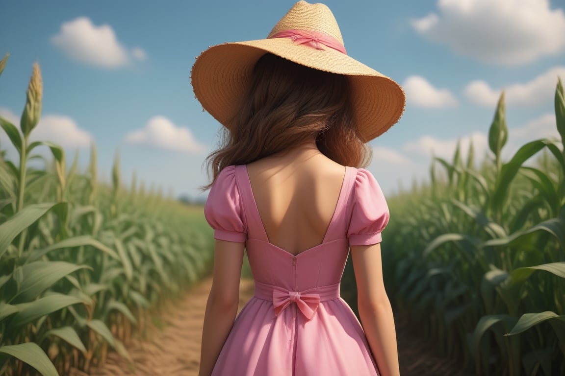a girl in a dress and hat standing in a corn field with a corn cob in her hand, Cornelisz Hendriksz Vroom, woman, a surrealist painting, neo-romanticism,1girl, ass, barefoot, bow, copyright name, dress, english text, from behind, grass, hat, hat bow, leaf, long hair, outdoors, parody, pink bow, plant, solo, subtitled, sun hat,High-res, impeccable composition, lifelike details, perfect proportions, stunning colors, captivating lighting, interesting subjects, creative angle, attractive background, well-timed moment, intentional focus, balanced editing, harmonious colors, contemporary aesthetics, handcrafted with precision, vivid emotions, joyful impact, exceptional quality, powerful message, in Raphael style, unreal engine 5,octane render,isometric,beautiful detailed eyes,super detailed face and eyes and clothes,,detailmaster2,<lora:659095807385103906:1.0>