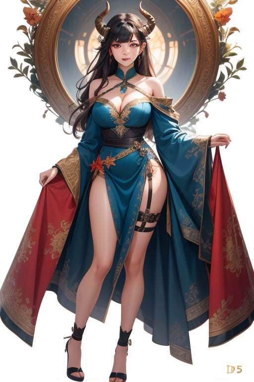 a woman dressed in a blue costume holding a fan and a green leaf in her hand and a white background, Du Qiong, fullbody, concept art, dau-al-set,1girl, bare shoulders, black hair, breasts, cleavage, closed mouth, collarbone, dress, earrings, full body, hand fan, high heels, horns, jewelry, large breasts, long hair, looking at viewer, multicolored hair, nail polish, pelvic curtain, red eyes, smile, solo, standing, thigh strap, v, very long hair,High-res, impeccable composition, lifelike details, perfect proportions, stunning colors, captivating lighting, interesting subjects, creative angle, attractive background, well-timed moment, intentional focus, balanced editing, harmonious colors, contemporary aesthetics, handcrafted with precision, vivid emotions, joyful impact, exceptional quality, powerful message, in Raphael style, unreal engine 5,octane render,isometric,beautiful detailed eyes,super detailed face and eyes and clothes
,More Detail,beautiful legs,beautiful