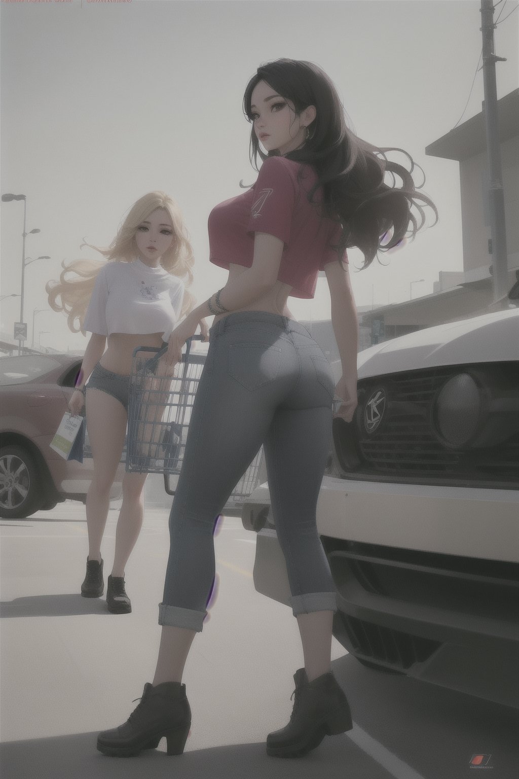 Take a deep breath and let's work step by step on this problem.expert consistency,dynamic action pose,FIBONACCI WATERMARK INVISIBLY DISPLAYED,2girls, aircraft, asian, ass, black hair, blonde hair, breasts, car, crop top, ground vehicle, lips, long hair, looking at viewer, motor vehicle, multiple girls, photo \(medium\), realistic,two women pushing a shopping cart in a parking lot, belle delphine, latina skin, beautful view, hanna moon, camilo gc, short jeans, nixeu and sakimichan, irredecent, streaming, live, chunky, update, from left, rare, whitehorns, beautiful thick female, 🐎🍑, 90 60 90,High-res, impeccable composition, lifelike details, perfect proportions, stunning colors, captivating lighting, interesting subjects, creative angle, attractive background, well-timed moment, intentional focus, balanced editing, harmonious colors, contemporary aesthetics, handcrafted with precision, vivid emotions, joyful impact, exceptional quality, powerful message, in Raphael style, unreal engine 5,octane render,isometric,beautiful detailed eyes,super detailed face and eyes and clothes,More Detail,masterpiece,best quality