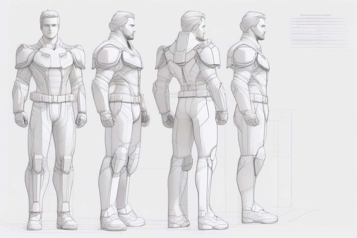 standing t-pose, front and sode orthographic views lined up, vertical guide lines, concept art, anatomical sketch lines, white background