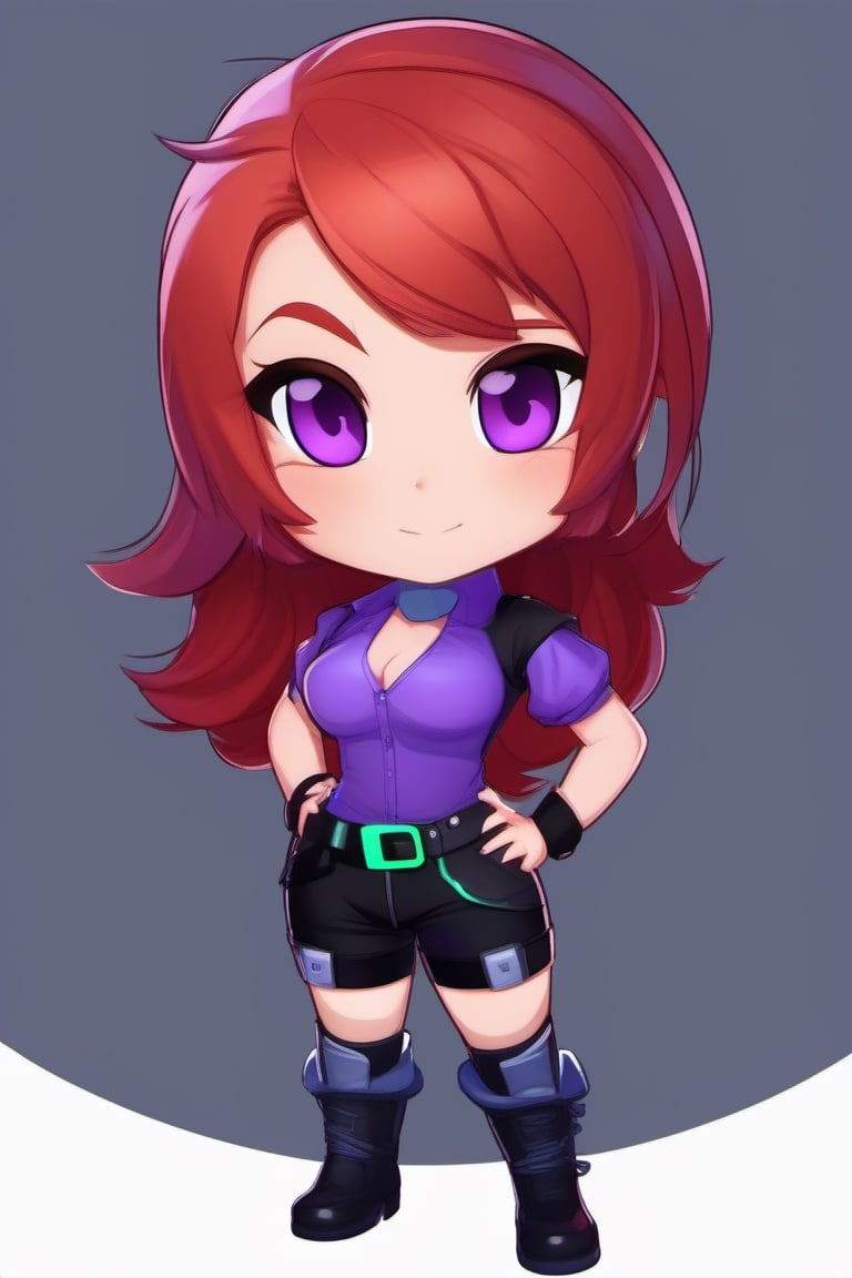 1girl, blue skin, boots, breasts, chibi, cleavage, colored skin, full body, green eyes, medium breasts, midriff, solo, thighhighs, transparent background,a cartoon character with red hair and green eyes, wearing a purple shirt and black shorts, and a purple top, Dom Qwek, stylized, concept art, computer art