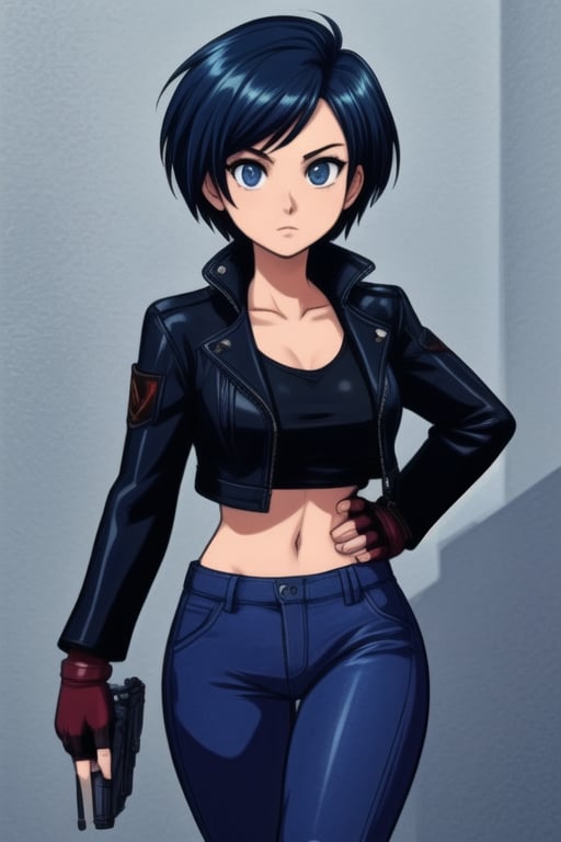 a woman in a black jacket and blue pants with a gun in her hand and a black jacket on, Artgerm, official art, concept art, neogeo,1girl, angel \(kof\), blue eyes, breasts, chaps, cropped jacket, fingerless gloves, gloves, jacket, leather jacket, running, short hair, solo,<lora:659111690174031528:1.0>