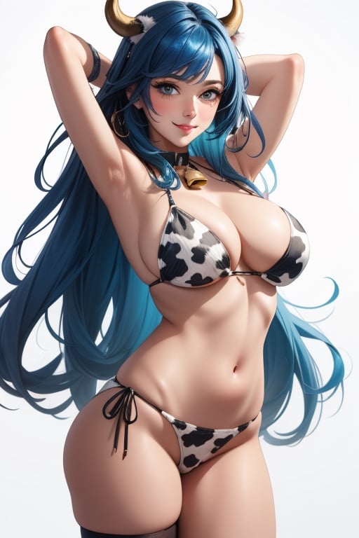 a cartoon picture of a woman with blue hair and a cow print bikini top on, with a cat on her shoulder, Ai-Mitsu, half body shot, a detailed drawing, vanitas,1girl, 2021, animal ears, animal print, armpits, arms behind head, arms up, bikini, blue hair, blush, breasts, cow ears, cow girl, cow horns, cow print, cowbell, horns, huge breasts, looking at viewer, simple background, smile, solo, swimsuit, white background, year of the ox,High-res, impeccable composition, lifelike details, perfect proportions, stunning colors, captivating lighting, interesting subjects, creative angle, attractive background, well-timed moment, intentional focus, balanced editing, harmonious colors, contemporary aesthetics, handcrafted with precision, vivid emotions, joyful impact, exceptional quality, powerful message, in Raphael style, unreal engine 5,octane render,isometric,beautiful detailed eyes,super detailed face and eyes and clothes
,More Detail,beautiful legs,beautiful face,detail face
