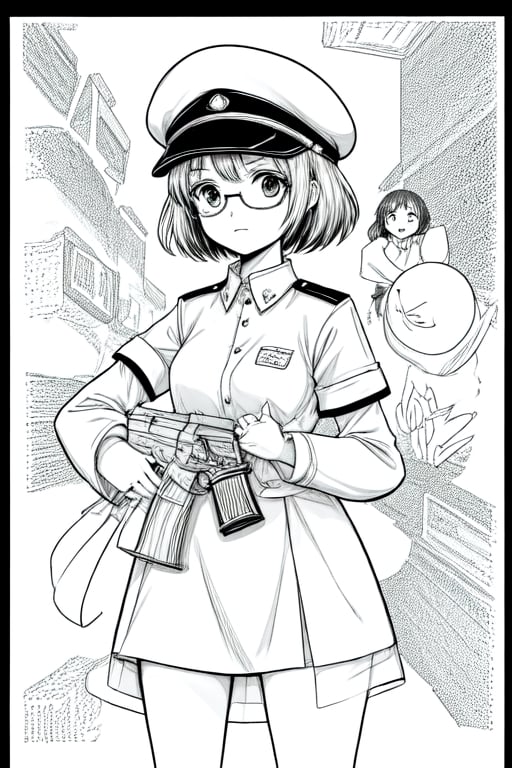 a comic strip with a girl in uniform holding a gun and another girl in uniform holding a gun and another girl in uniform, Fan Qi, kim jung gi, a comic book panel, private press,2girls, bandaid, black border, border, circle cut, comic, glasses, greyscale, hat, letterboxed, monochrome, multiple girls, peaked cap, pillarboxed, short hair, transparent background, uniform,line anime,<lora:659111690174031528:1.0>