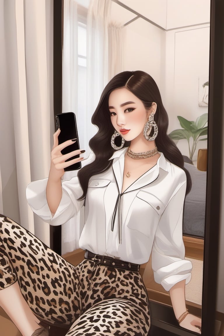 1girl, 2009, 2021, animal print, asian, brown hair, camouflage, cellphone, chinese zodiac, cow ears, cow girl, cow horns, cow print, curtains, dark-skinned female, dark skin, earrings, holding phone, jewelry, leopard print, long hair, milk, mirror, phone, print legwear, selfie, smartphone, solo, tiger print, year of the ox,a woman in a white shirt and black and white pants is taking a selfie with her phone in a mirror, Christian Hilfgott Brand, fashion, a photocopy, maximalism