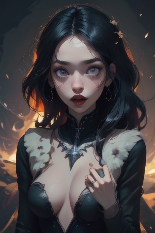 a woman with long hair and a black outfit is holding a knife and looking at the camera while wearing a black outfit, Aya Goda, giantess art, a character portrait, gothic art,1girl, black hair, breasts, cleavage, cross, fingernails, fur trim, jewelry, long hair, necklace, open mouth, ring, solo, teeth,Highkick,High detailed ,<lora:659111690174031528:1.0>