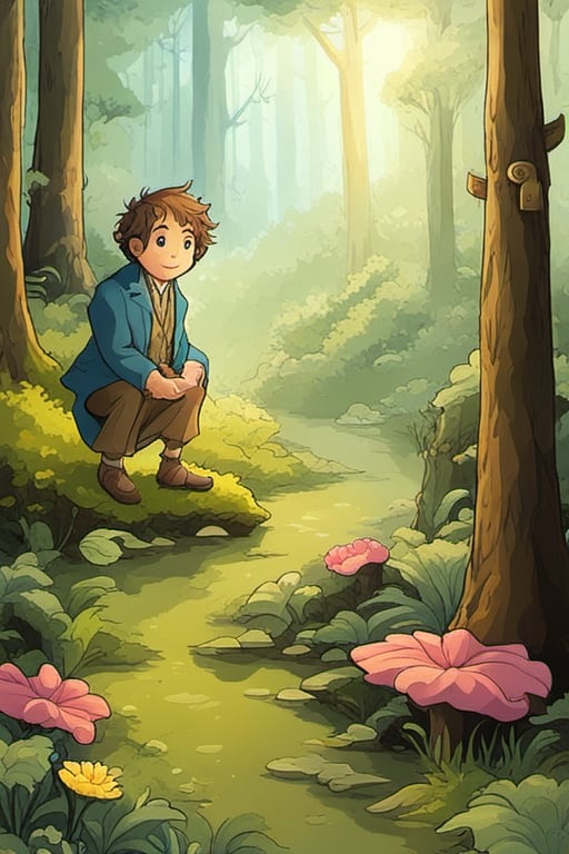 oil-painting, a cute Bilbo Baggins in a beautiful forest with fungus and flowers, centered image, ultra detailed illustration, posing, (tetradic colors), whimsical, enchanting, fairy tale, (ink lines:1.1), strong outlines, art by MSchiffer, bold traces, unframed, high contrast, (cel-shaded:1.1), vector, 32k resolution, best quality, flat colors, flat lights, barefoot