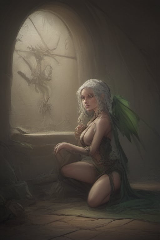 a woman with white hair and green eyes sitting on the ground next to a spider and a window with a curtain, Aya Goda, dragon art, a character portrait, sots art.1girl, bikini, breasts, dragon girl, dragon wings, green eyes, horns, long hair, looking at viewer, pointy ears, scales, sitting, smile, solo, swimsuit, tail,<lora:659095807385103906:1.0>