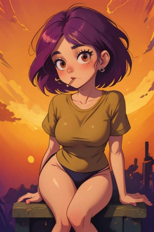 a cartoon picture of a woman smoking a cigarette and looking at the camera with a cigarette in her hand, Eve Ryder, half body shot, a sketch, context art,1girl, black panties, blush, breasts, dusk, evening, medium breasts, orange background, orange sky, orange theme, panties, purple hair, short hair, sitting, solo, sunset, underwear, yellow sky,<lora:659111690174031528:1.0>