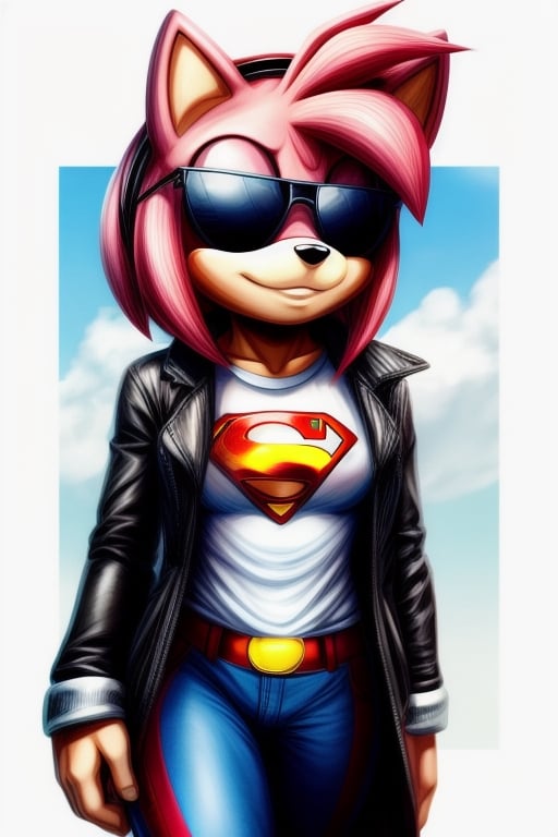 AmyRose. Wearing a white ripped superman shirt. Black Jacket. Wild hair. Black Sunglasses.,AmyRose