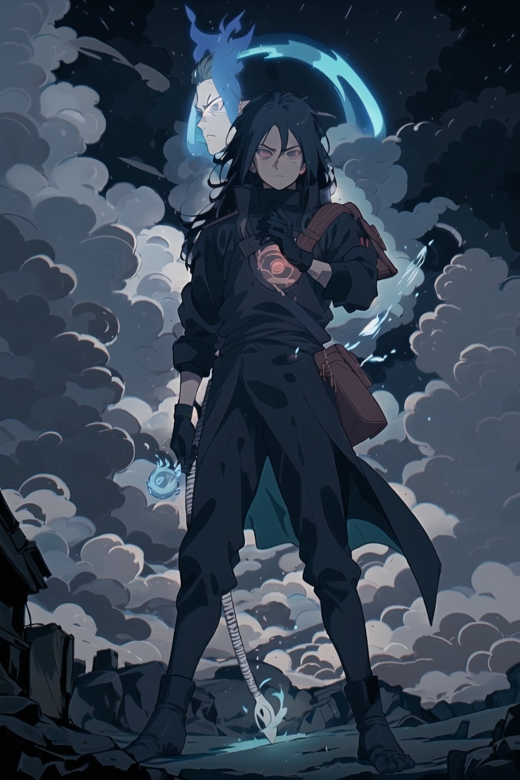 4K, masterpice,full body, solo, blue aura, blue fire aura long hair, black hair, gloves, 1boy, holding a katana, male focus, glowing, small waist bag, glowing eye, dust clouds, dark sky, perfect hands,1, black tunic
,1boy,anime,porco_galliard