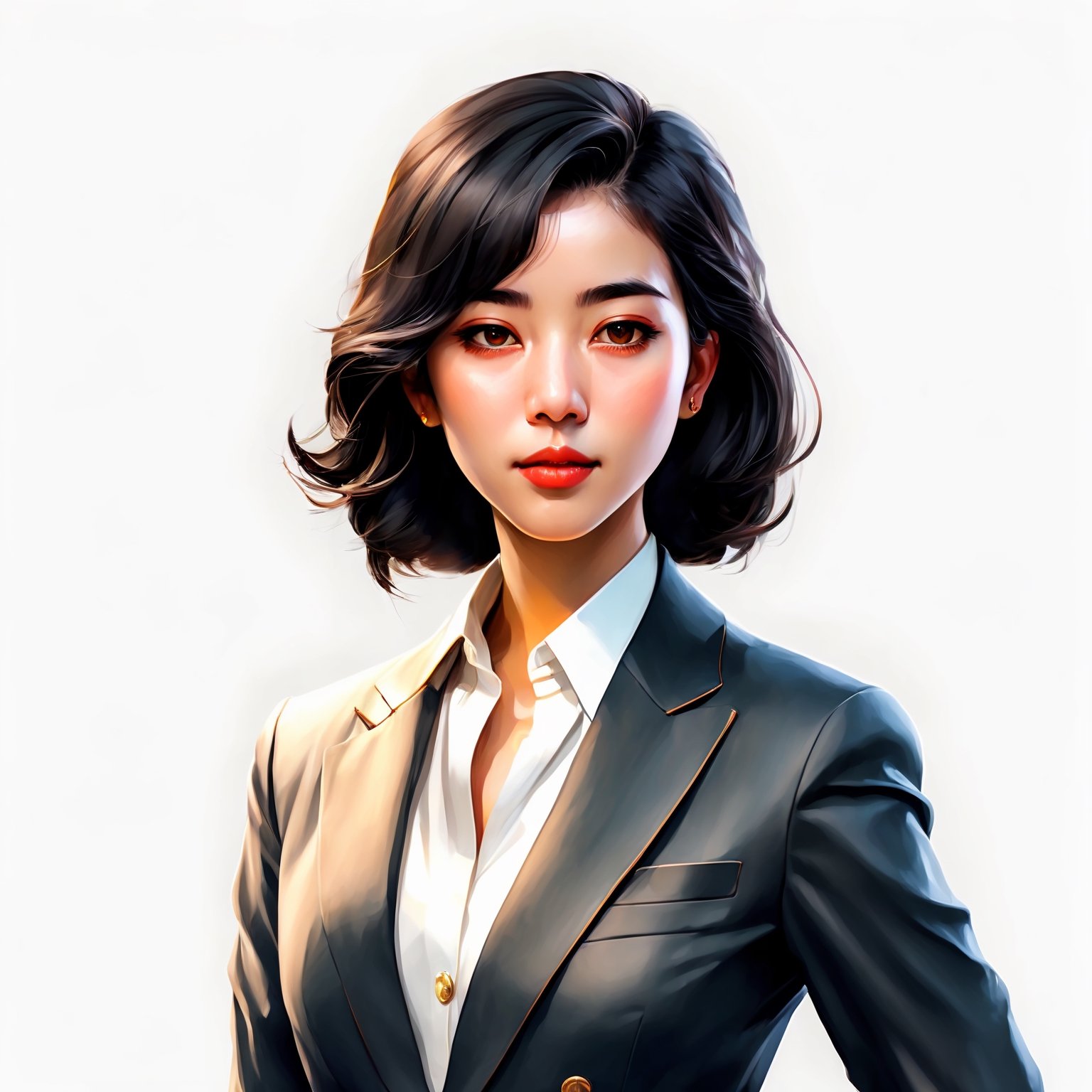 1girl, solo, looking at viewer, short hair, simple background, shirt, black hair, long sleeves, white background, brown eyes, closed mouth, jacket, white shirt, upper body, collared shirt, artist name, lips, black jacket, buttons, watermark, formal, own hands together, suit, realistic, nose