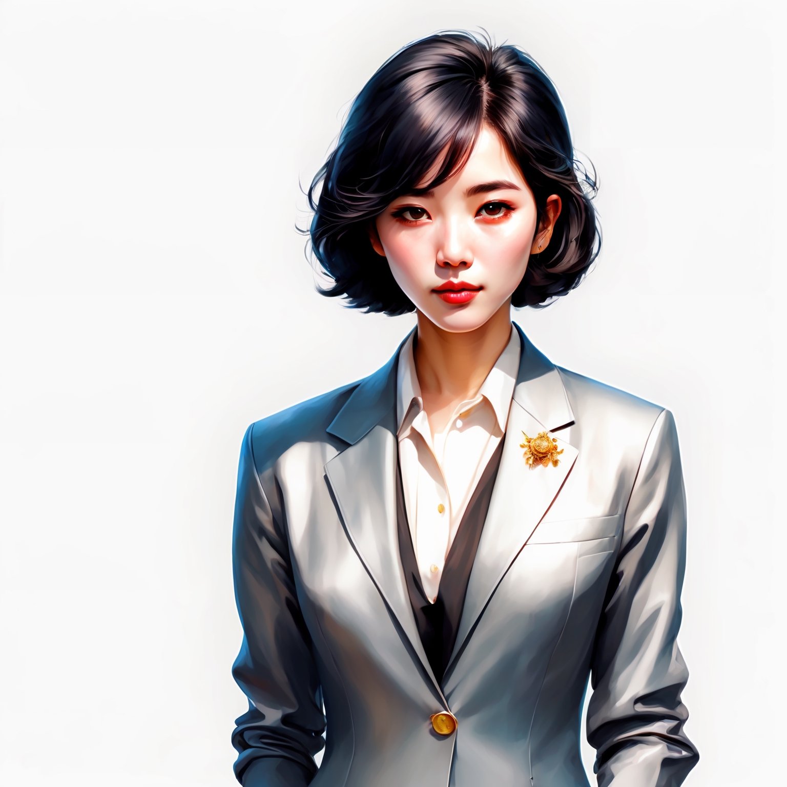 1girl, solo, looking at viewer, short hair, simple background, shirt, black hair, long sleeves, white background, brown eyes, closed mouth, jacket, white shirt, upper body, collared shirt, artist name, lips, black jacket, buttons, watermark, formal, own hands together, suit, realistic, nose