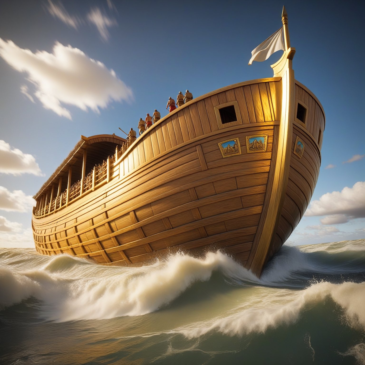 Noah's Ark, rushing through the frame, golden wooden hull,