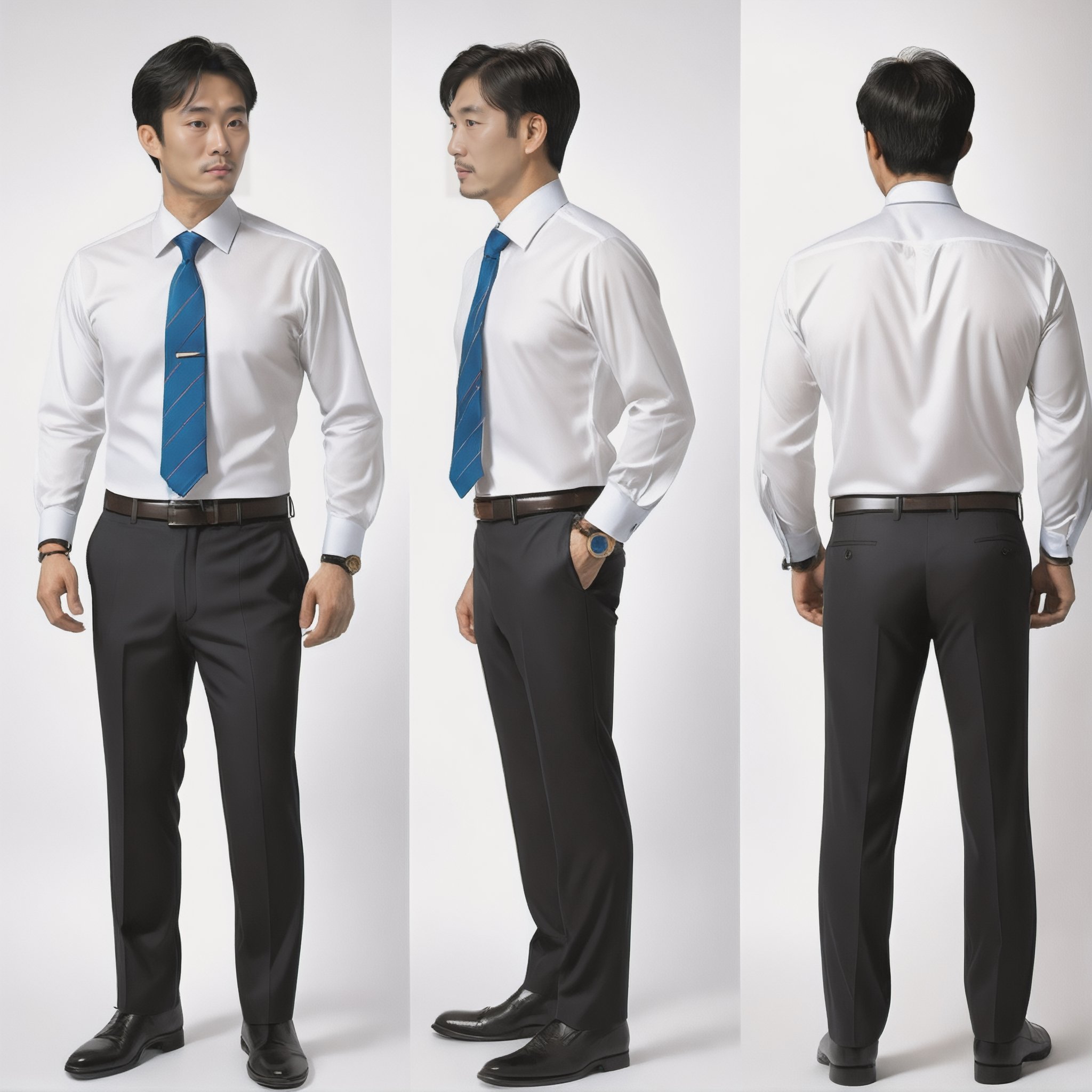 Front View, Side View, Back View, Realistic ,李有山, 40 years old, man, Black pupils, (short hair:1.2, black hair), (Hermes suits:1.3), shirt, blue necktie, Coffee colored belt, (watch:1.4), (white background:1.2), photo r3al