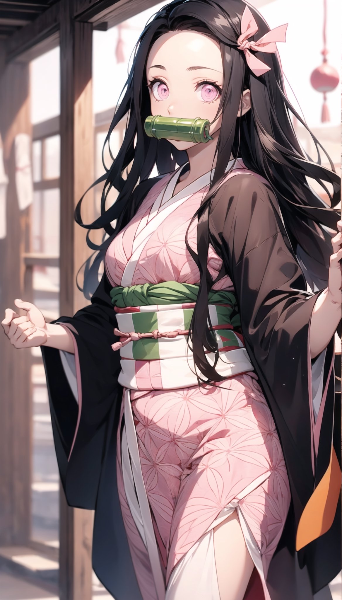 nezuko kamado, bamboo, bit gag, black hair, forehead, gag, gagged, hair ribbon, long hair, multicolored hair, (pink eyes:1.5), orange hair, slit pupils, wavy hair, two-tone hair, asa no ha (pattern), checkered sash, haori, japanese clothes, kimono, long sleeves, obi, pink kimono, sash, wariza,  wide sleeves, generate an image showing nezuko in a dojo while posing dynamically, photo of perfecteyes eyes, background,nezuko,photo of perfecteyes eyes