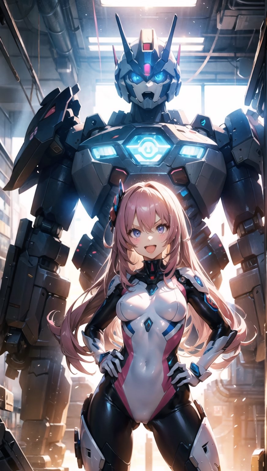 generates an image of a very friendly half andorid woman, the image must be frontal,  pink long hair, HANDS ON THE WAIST. COWBOY SHOT
, Enhance, Maybe Better Pose, photo of perfecteyes, eyes,Enhance,, :d,mecha_musume,mecha bodysuit,V-shaped eyebrows