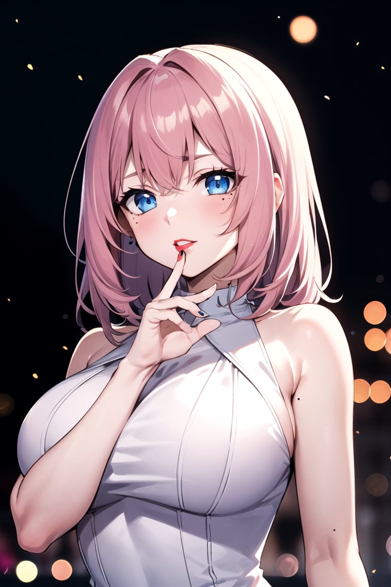 ojou sama, girl in 20s, pink hair, ojou sama pose, looking at camera, upper body, elegant dress, blue eyes, detailed eyes, smooth skin, red lips, mole on breast, perfect fingers, volumetric light, night background, blurry lights, blurry background