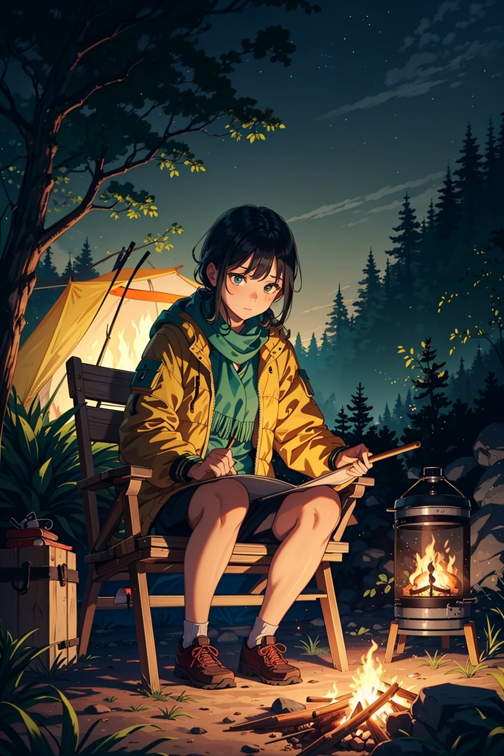 camping night, one girl sitting on a log, there’s a campfire nearby, she is roasting marshmallow with a stick, nighttime, dim and calming atmosphere, lush green woods, wearing camping clothes with jacket and scarf