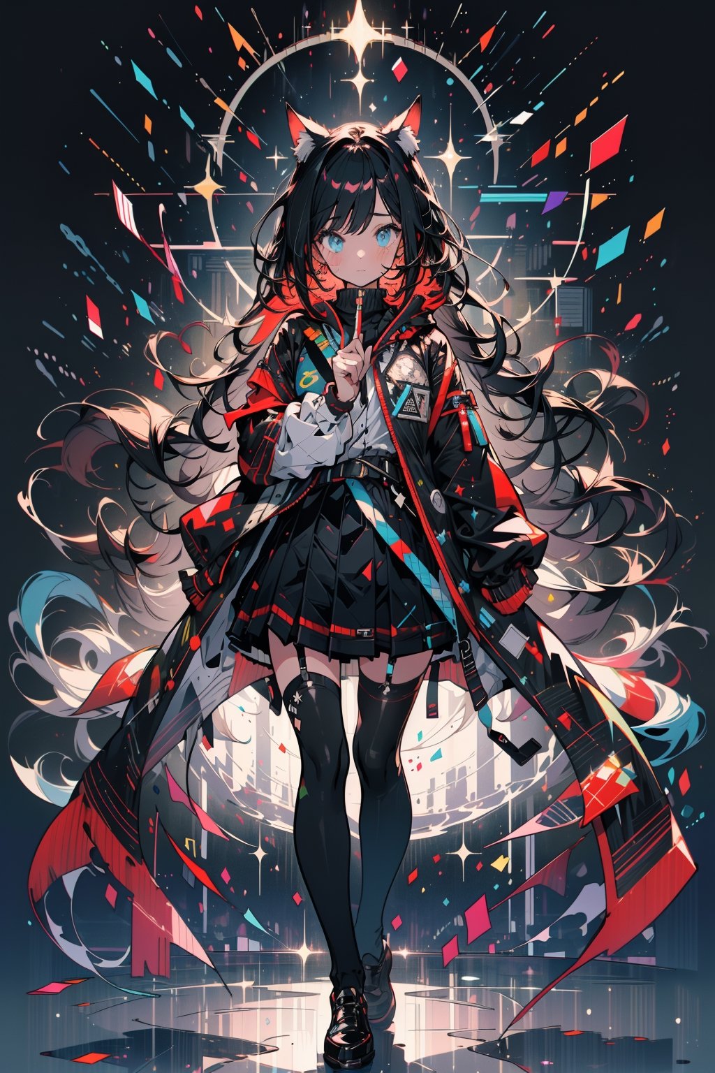 (masterpiece, best quality, highres:1.3), (1girl:1.3), ((solo)), catgirl, energetic, vibrant, confetti, high contrast, curious, trendy outfit, volumetric light, 