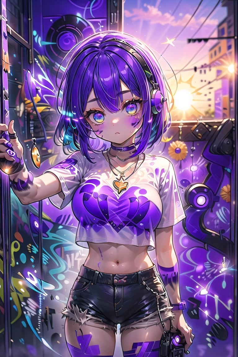 Masterpiece, best quality, (ultra detailed, intricate detailed:1.5), (8K:1.5), perfect anatomy, (detailed outfit), vivid colors, high resolution, highly detailed, detailed background, cinematic light, one girl (purple hair:1.8), (big amber eyes:1.5), (medium breast :1.3), (shorts:1.5), (short shirt:1.5) (medium hair), (headphones:1.3), (necklace:1.5), background (caos:1.5), (sun:1.5), (purple lights:1.3), (screet wall graffitti:1.3 ), (graffitti:1.5)