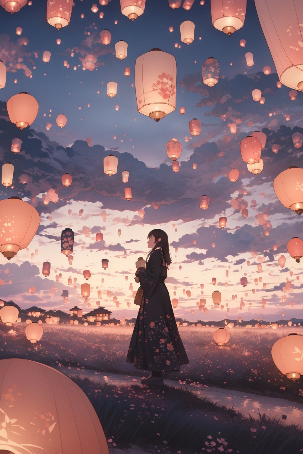 (masterpiece, best quality, highres:1.3), (1girl:1.3), ((solo)), lantern festival, traditional clothings, sky full of lanterns, breathtaking, volumetric light