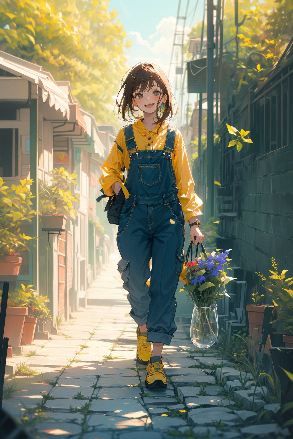 A girl wearing cute overalls, walking theough bright outdoors, greenery surrounds the path, small flowers with vibrant colours, cobblestone path, sunny day, lush green trees, joyous face on girl, young girl, relaxing stroll, brown hair