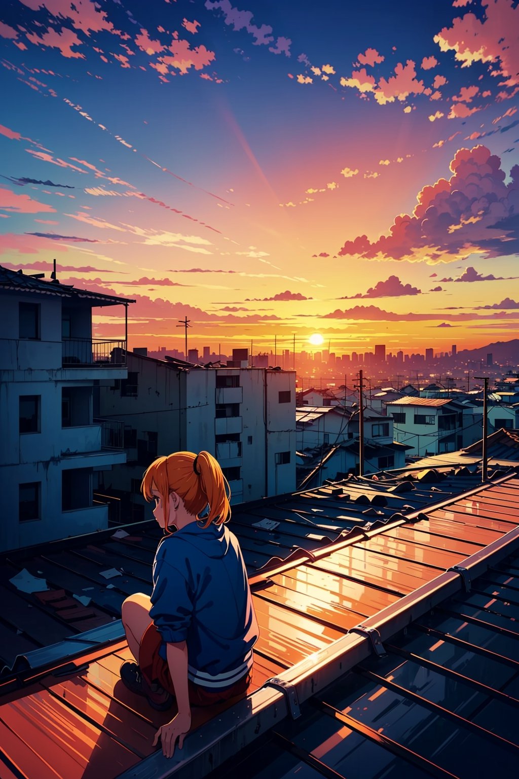 lone young girl sitting on the roof of a broke down house, in the favelas, clothings in bad conditions, sunset, orange sky, beautiful scenery, hopeful