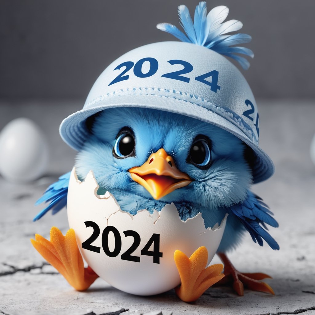 little blue chick with a hat coming out of a cracked egg with number "2024" on it