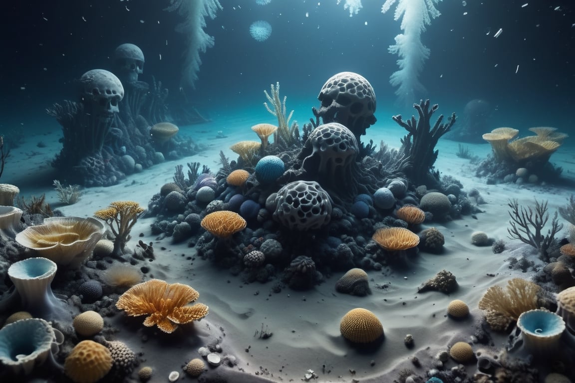 Reefs and corals all over the seabed, a quiet and beautiful seabed, and black smoke floating on the blue seaMany dragon bones are scattered on the ground,mcrbe