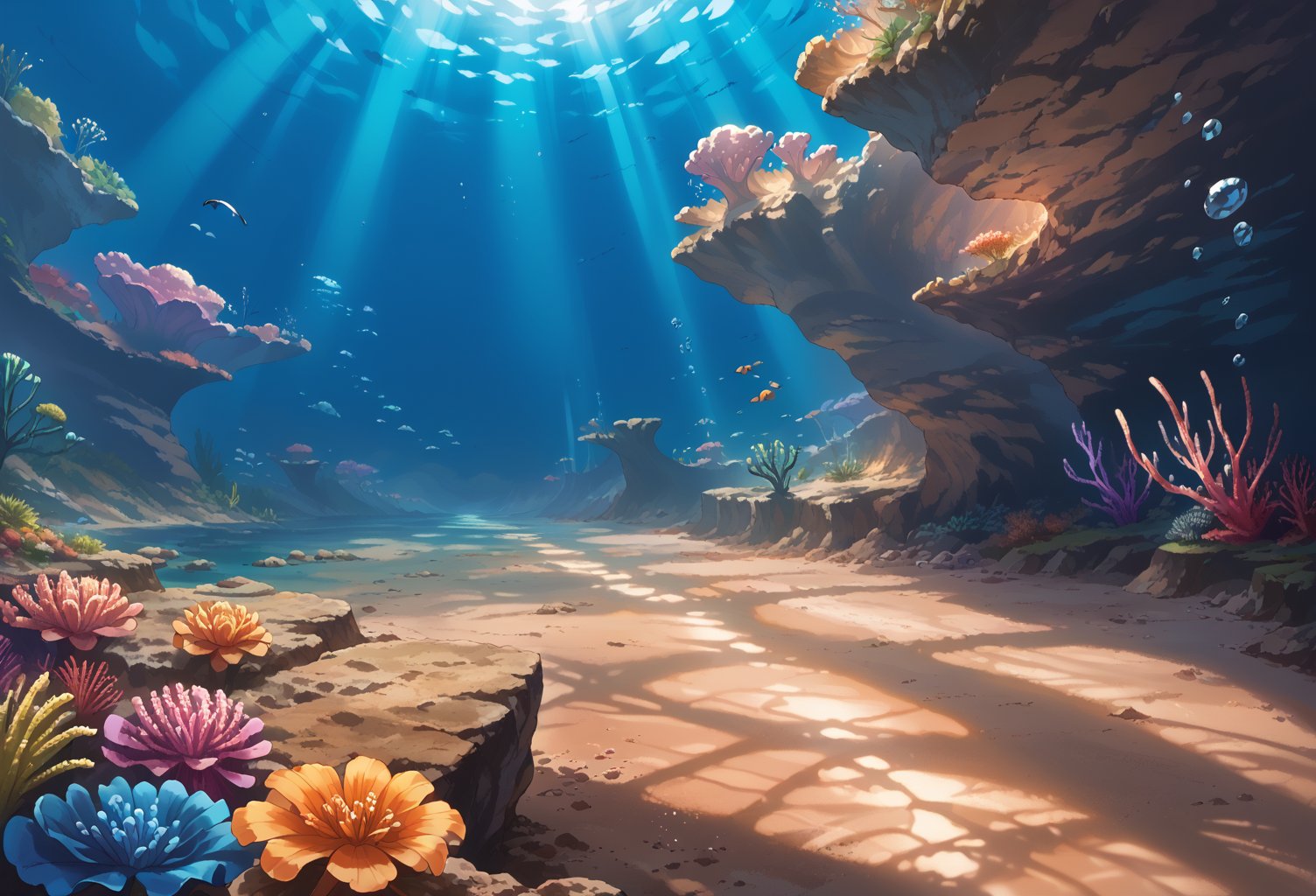 (Under the ocean)(no fish)clean background,Beautiful underwater scenery
blue tones, wide angle shot, Head view, cartoon style,Undersea,In the azure waters, sunlight filters through the surface, casting soft shadows and reflections, giving the underwater scenery a dreamy and serene atmosphere. The vibrant coral reefs, like a natural garden, sway gently in the water with their diverse shapes, turning the ocean floor into a lively underwater party.
Undulating Seafloor Terrain,underwater world
Undulating Seafloor Terrain,(no fish)