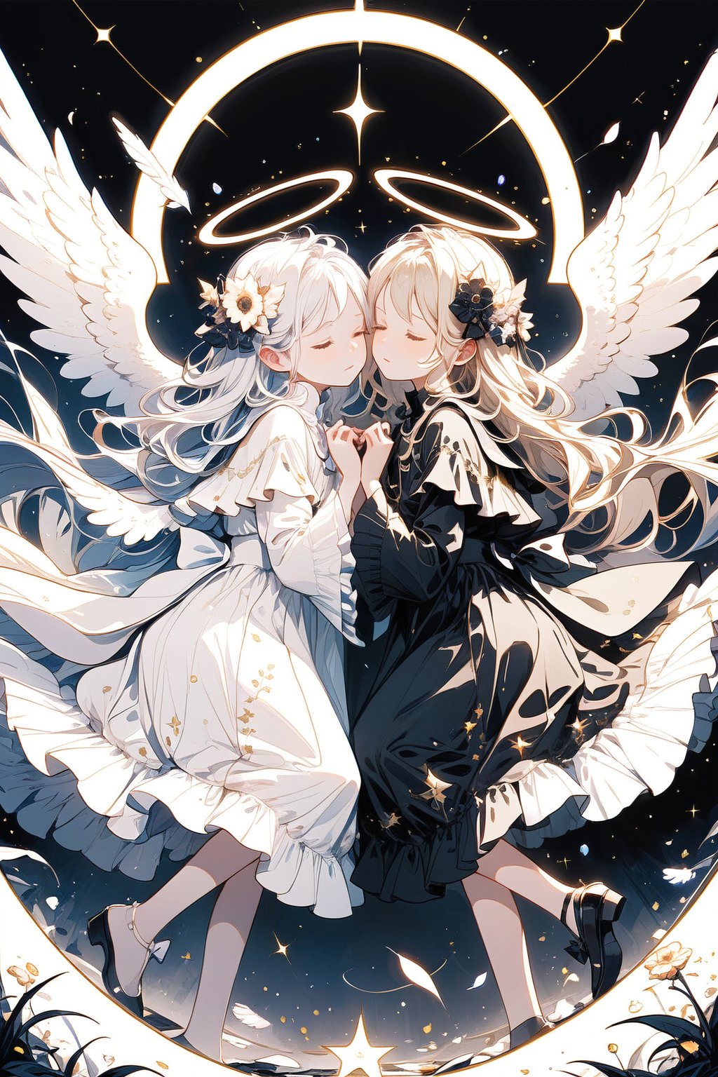 long hair, bangs, multiple girls, hair ornament, long sleeves, dress, bow, 2girls, full body, closed eyes, flower, white hair, heart, frills, wings, hair flower, wide sleeves, black dress, siblings, halo, cross, black background, feathered wings, angel wings, twins, white wings, angel, contrast