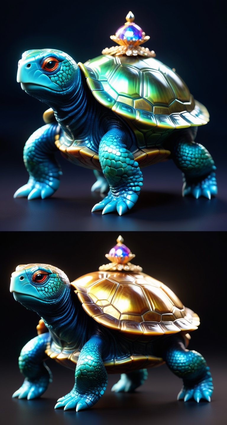 Land turtle , top view , small and cute,generate a celestial adorable non-human animal in the style of celestial and fantasy. the animal should be the most beautiful animal ever created. Consider details like fluffy and feathers and silk and satin and shimmer and glimmer. Include subtle details of phantasmal iridescence. emphasize small details of fantasy and ornate jewels. camera: utilize interesting and dynamic composition. enhance visual interest. lighting: use ambient lighting that enhances the ambiance of fantasy. include bold colors and deep shadows. hires, detailed eyes, hires detailed eyes, hires small details, ornate, intricate details, 8k, shimmer, unity, official cgi unreal engine, high resolution, (((masterpiece))), high quality, highres, detail enhancement, (bright and clear eyes),full_body  