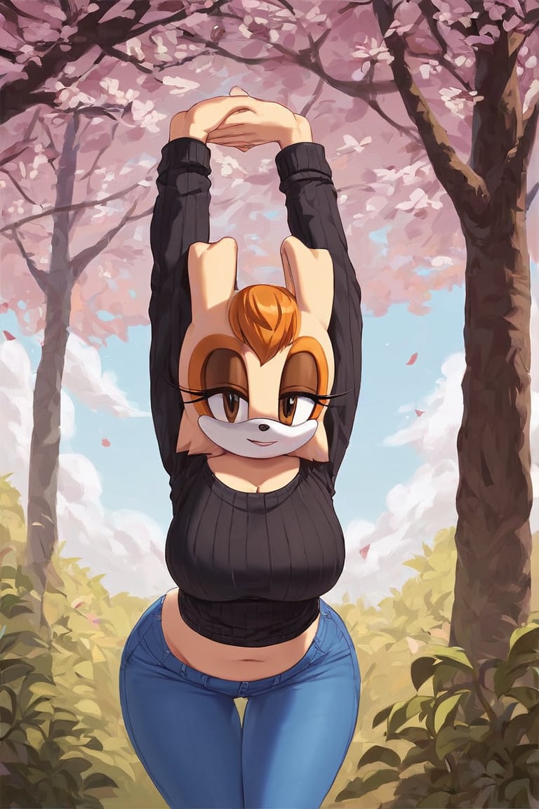 score_9, score_8_up, score_7_up, score_6_up, score_5_up, score_4_up, (Source sonic), (rating safe), vanilla the rabbit, 1girl, solo, outside, wearing blue jeans,  black sweater, shirt cutout, large breasts, brown eyes, looking at viewer, standing, outside, trees, fall weather,  , wide hips, rabbit girl, short hair, body fur, dynamic pose, anime style,flashing belly,cammystretch, stretching,leaning forward,arms up