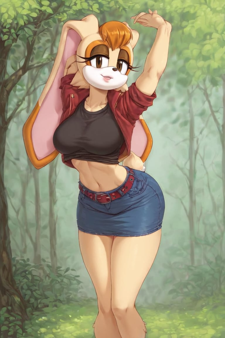 score_9, score_8_up, score_7_up, score_6_up, score_5_up, score_4_up, (Source sonic), (rating safe), vanilla the rabbit, 1girl, solo, outside, wearing black jeans, black shirt, jacket, large breasts, brown eyes, looking at viewer, standing, outside, trees, fall weather,  , wide hips, rabbit girl, short hair, body fur, hands on hips, anime style,flashing belly,cammystretch, stretching,leaning forward,arms up,stomach_punch,skirt,belt