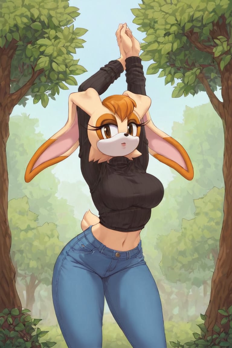 score_9, score_8_up, score_7_up, score_6_up, score_5_up, score_4_up, (Source sonic), (rating safe), vanilla the rabbit, 1girl, solo, outside, wearing blue jeans,  black sweater, shirt cutout, large breasts, brown eyes, looking at viewer, standing, outside, trees, fall weather,  , wide hips, rabbit girl, short hair, body fur, dynamic pose, anime style,flashing belly,cammystretch, stretching,leaning forward,arms up