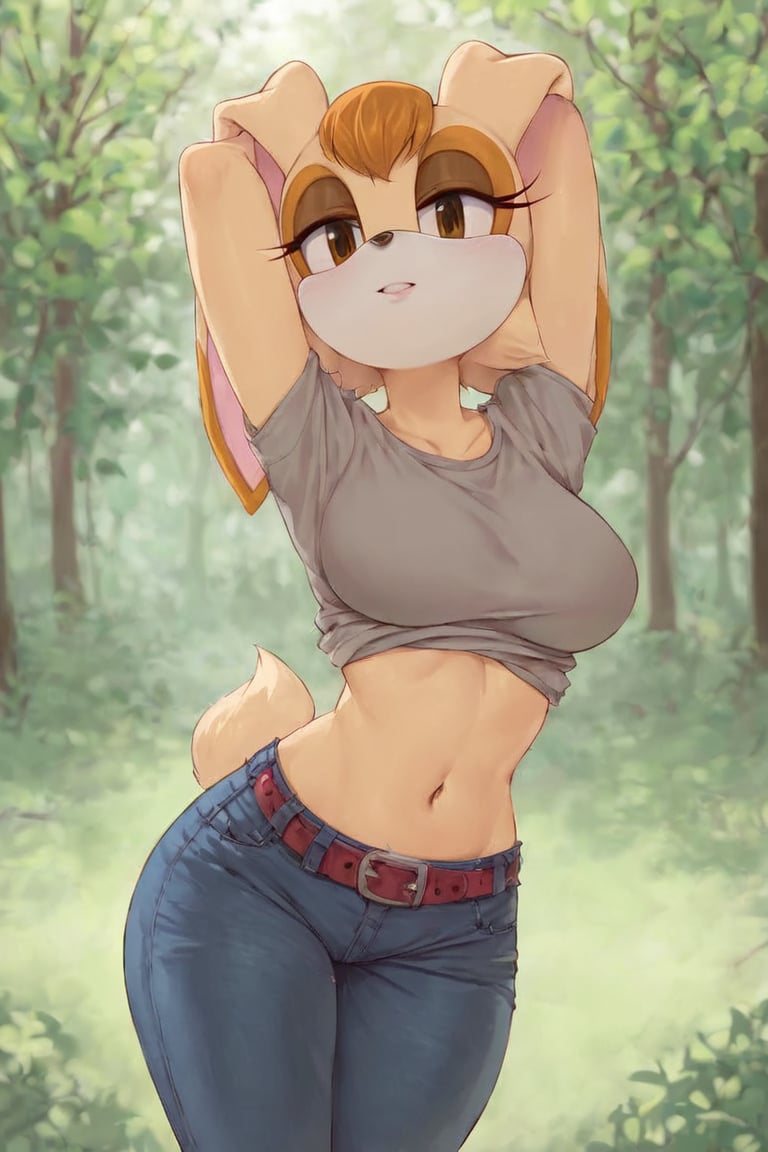 score_9, score_8_up, score_7_up, score_6_up, score_5_up, score_4_up, (Source sonic), (rating safe), vanilla the rabbit, 1girl, solo, outside, wearing black jeans, grey shirt, jacket, large breasts, brown eyes, looking at viewer, standing, outside, trees, fall weather,  , wide hips, rabbit girl, short hair, body fur, hands on hips, anime style,flashing belly,cammystretch, stretching,leaning forward,arms up,stomach_punch,skirt,belt