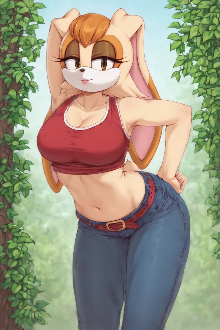 score_9, score_8_up, score_7_up, score_6_up, score_5_up, score_4_up, (Source sonic), (rating safe), vanilla the rabbit, 1girl, solo, outside, wearing black jeans, red shirt, jacket, large breasts, brown eyes, looking at viewer, standing, outside, trees, fall weather,  , wide hips, rabbit girl, short hair, body fur, hands on hips, anime style,flashing belly,cammystretch, stretching,leaning forward,arms up,stomach_punch,skirt,belt