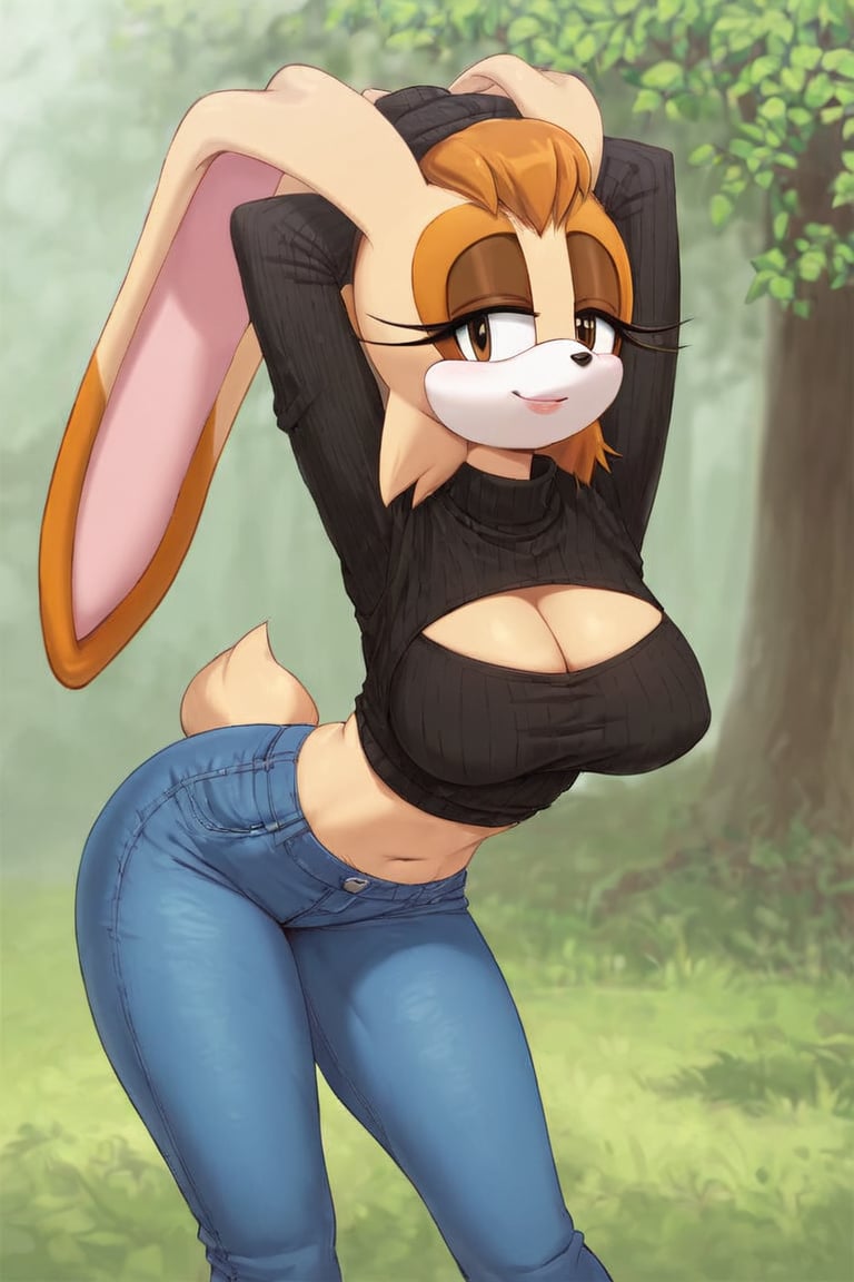 score_9, score_8_up, score_7_up, score_6_up, score_5_up, score_4_up, (Source sonic), (rating safe), vanilla the rabbit, 1girl, solo, outside, wearing blue jeans,  black sweater, shirt cutout, large breasts, brown eyes, looking at viewer, standing, outside, trees, fall weather,  , wide hips, rabbit girl, short hair, body fur, dynamic pose, anime style,flashing belly,cammystretch, stretching,leaning forward,arms up