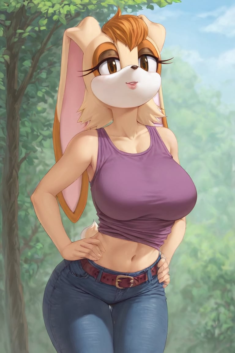 score_9, score_8_up, score_7_up, score_6_up, score_5_up, score_4_up, (Source sonic), (rating safe), vanilla the rabbit, 1girl, solo, outside, wearing black jeans, violet shirt, jacket, large breasts, brown eyes, looking at viewer, standing, outside, trees, fall weather,  , wide hips, rabbit girl, short hair, body fur, hands on hips, anime style,flashing belly,cammystretch, stretching,leaning forward,arms up,stomach_punch,skirt,belt