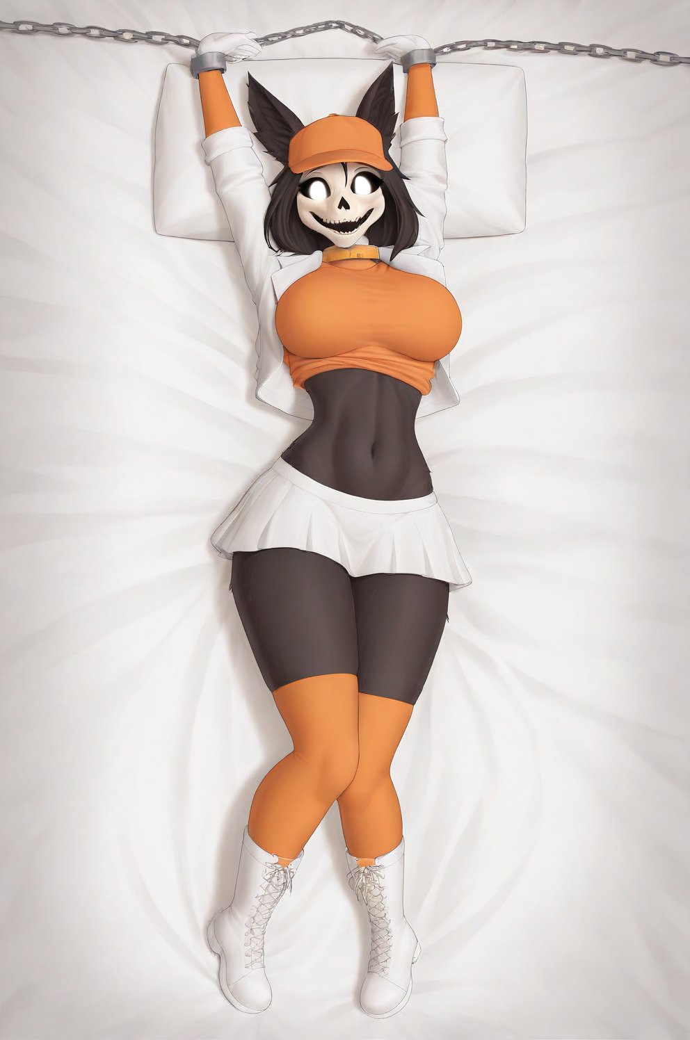 MalOXL, furry female, masterpiece, high quality, large breasts, scp-1471, black fur, orange sweater, white skirt, white jacket, flashing belly,arms up,cammystretch, stretching, lying in bed, white boots, white gloves, golden chained hands, orange stockings, orange hat,  golden collar, white gloves, big boobs