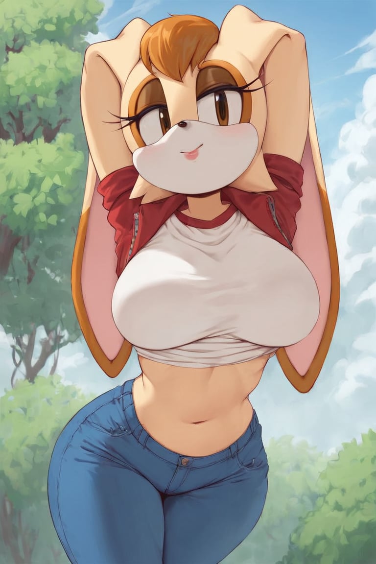 score_9, score_8_up, score_7_up, score_6_up, score_5_up, score_4_up, (Source sonic), (rating safe), vanilla the rabbit, 1girl, solo, outside, wearing blue jeans, white shirt, jacket, large breasts, brown eyes, looking at viewer, standing, outside, trees, fall weather,  , wide hips, rabbit girl, short hair, body fur, hands on hips, anime style,cammystretch, stretching,leaning forward,arms up,flashing belly,stomach_punch