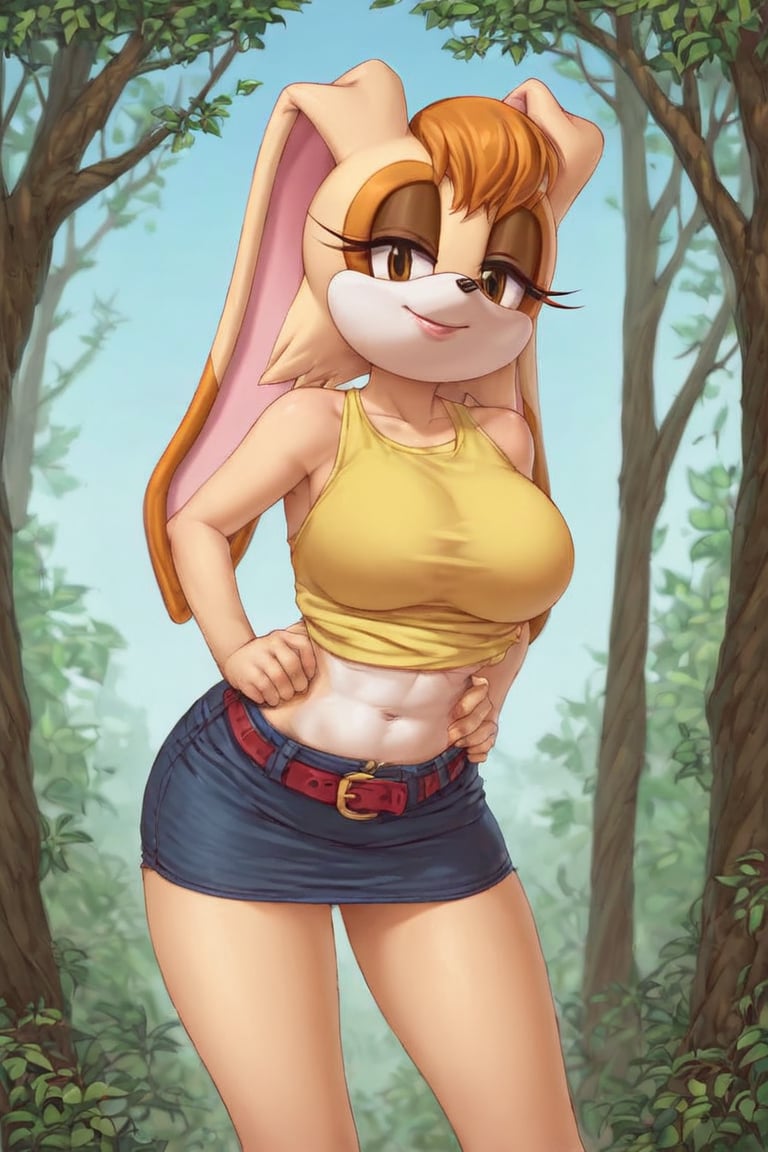 score_9, score_8_up, score_7_up, score_6_up, score_5_up, score_4_up, (Source sonic), (rating safe), vanilla the rabbit, 1girl, solo, outside, wearing black jeans, yellow shirt, jacket, large breasts, brown eyes, looking at viewer, standing, outside, trees, fall weather,  , wide hips, rabbit girl, short hair, body fur, hands on hips, anime style,flashing belly,cammystretch, stretching,leaning forward,arms up,stomach_punch,skirt,belt